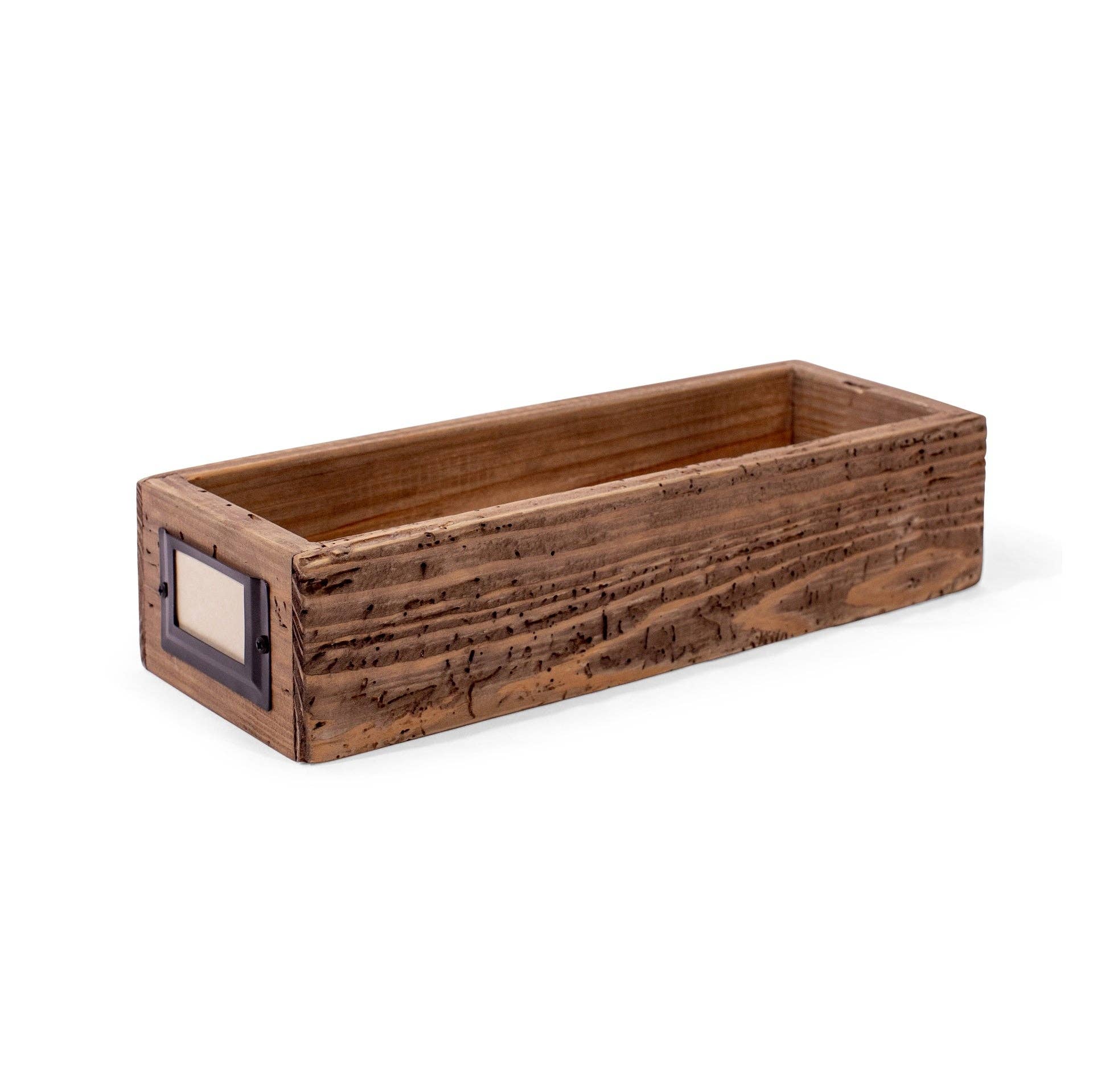 Reclaimed pine wood notecard holder display with four divided compartments for organization.