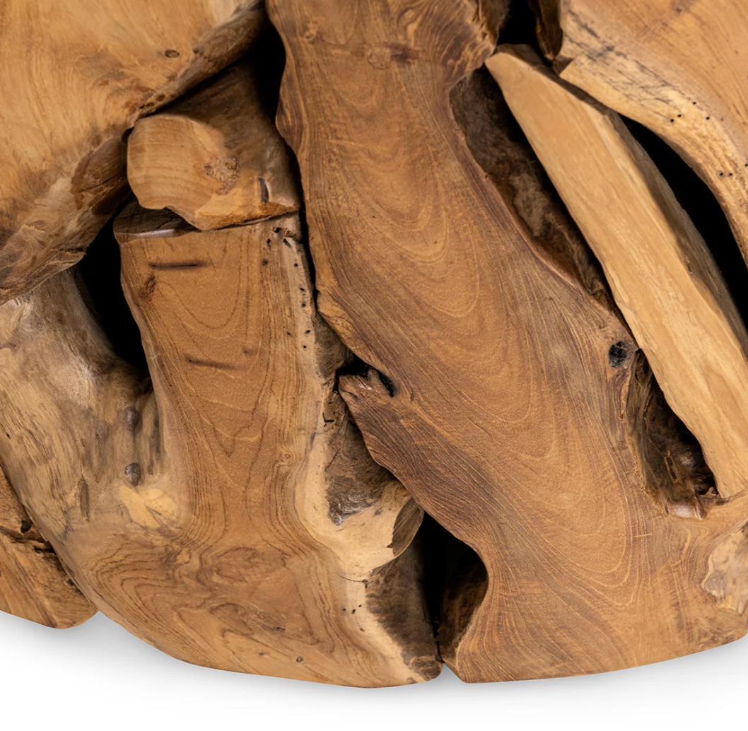 Rhea solid wood round coffee table handcrafted from reclaimed teak