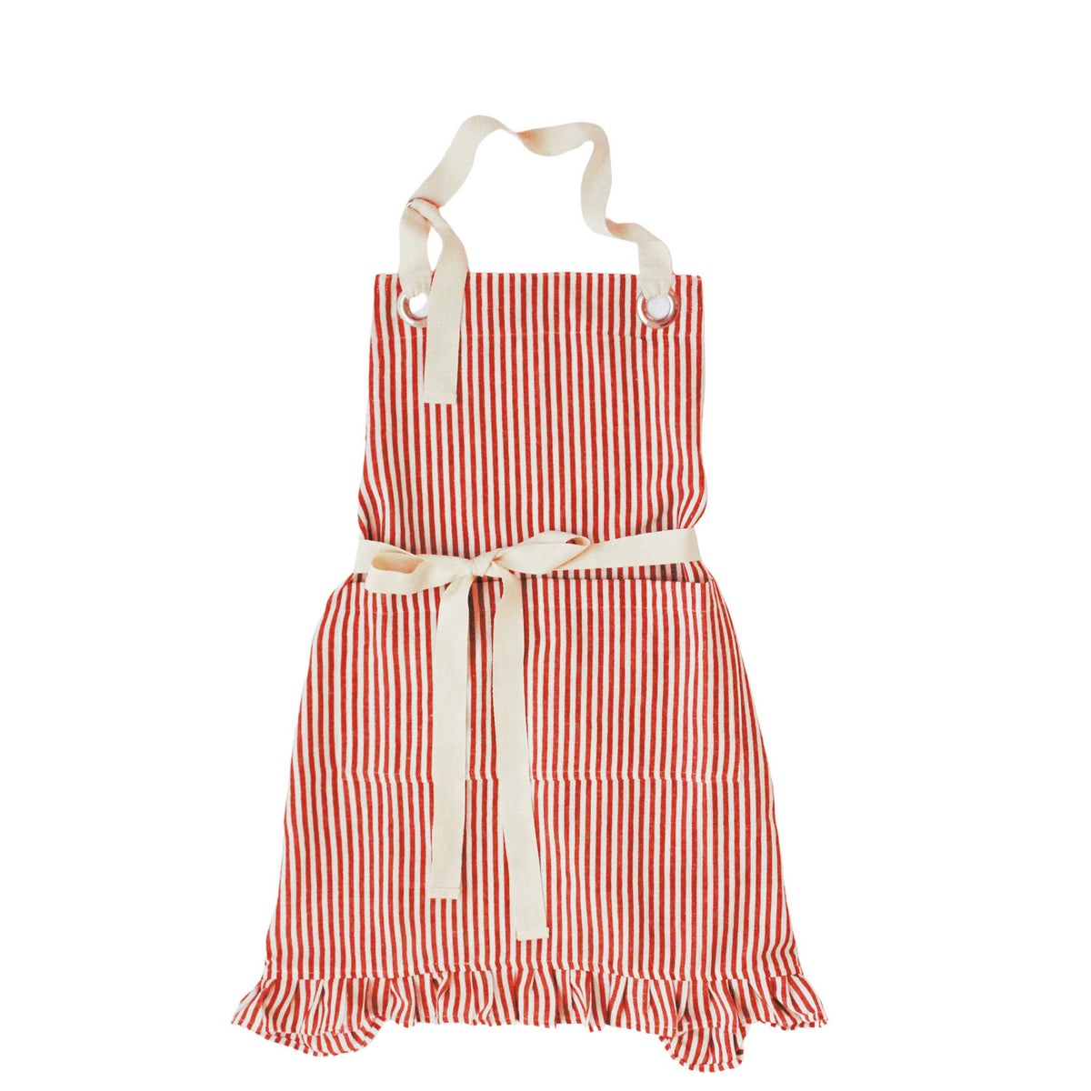 Front view of red pinstripe cotton kitchen apron with ruffled detailing and a functional front pocket.
