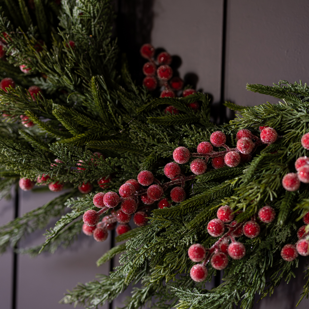 Close-up of frosted red plum berries nestled among Real Touch Norfolk Cypress branches.