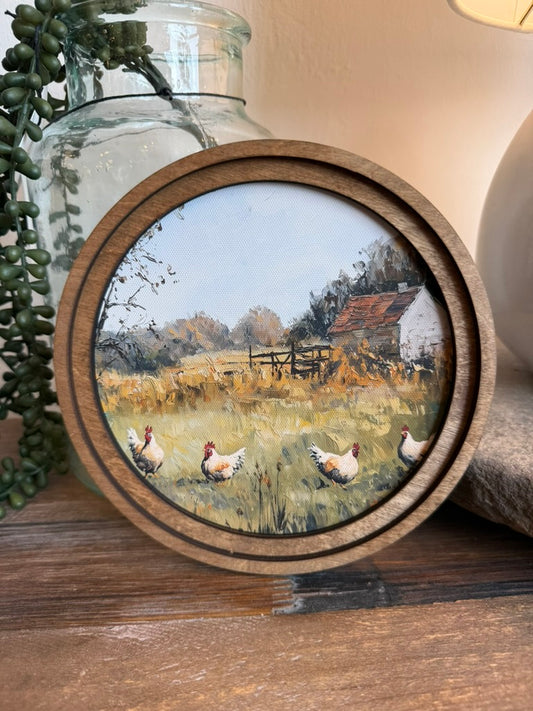 Round Chicken Framed Canvas Art featuring a classic farmhouse chicken illustration in a handcrafted round wood frame with an Early American finish.