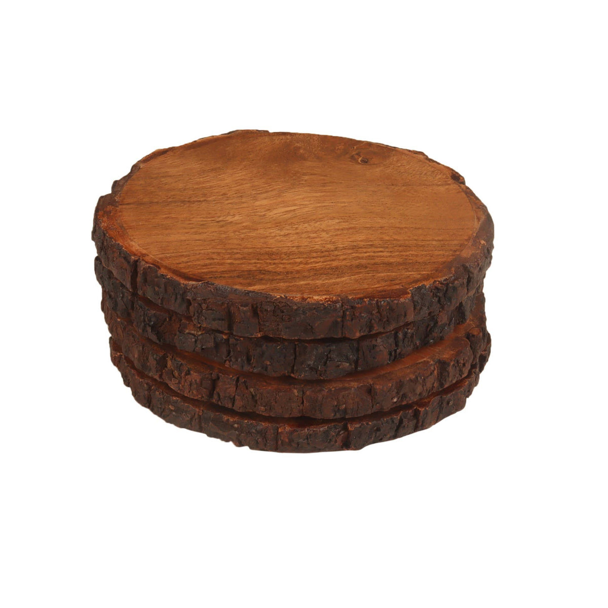 Natural Bark Edge Coasters featuring smooth wood surfaces and rustic bark edges.
