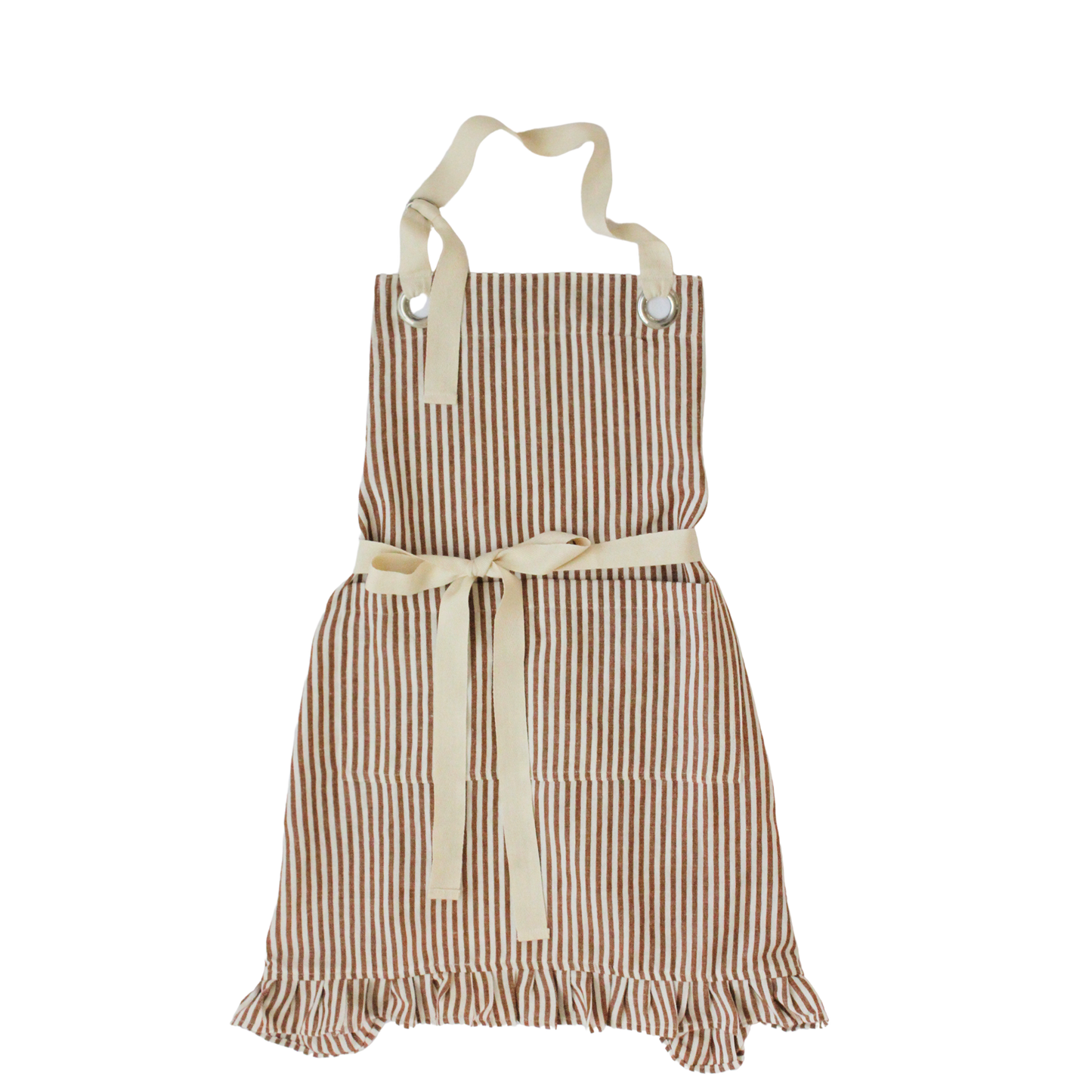 Rust Pinstripe Ruffle Apron made from a premium cotton blend featuring delicate ruffle trim, an adjustable neck strap, and a front pocket.