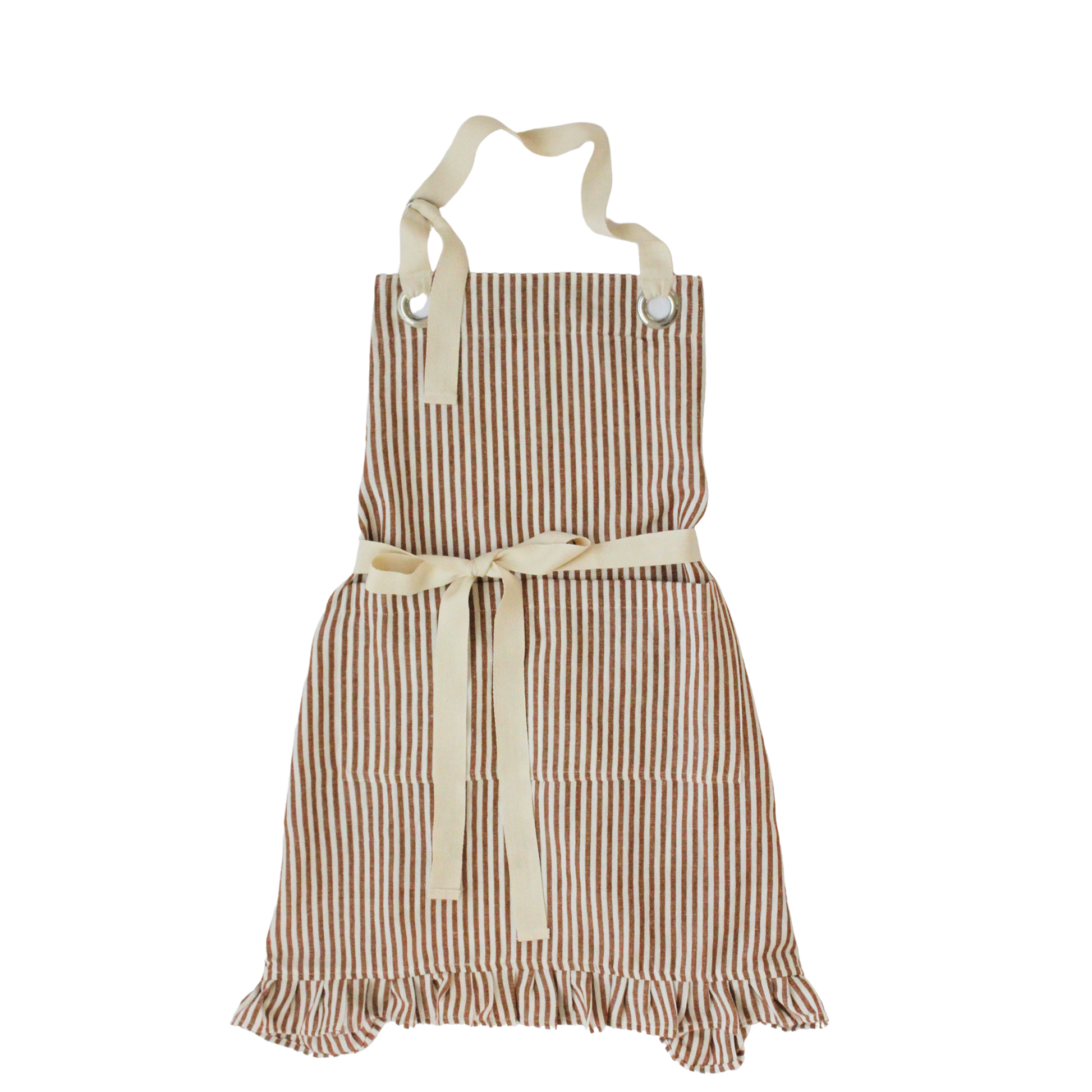 Rust Pinstripe Ruffle Apron made from a premium cotton blend featuring delicate ruffle trim, an adjustable neck strap, and a front pocket.