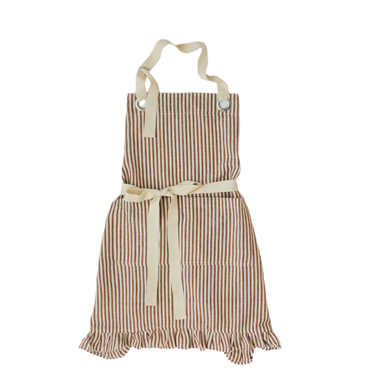 Rust Pinstripe Ruffle Apron made from a premium cotton blend featuring delicate ruffle trim, an adjustable neck strap, and a front pocket.