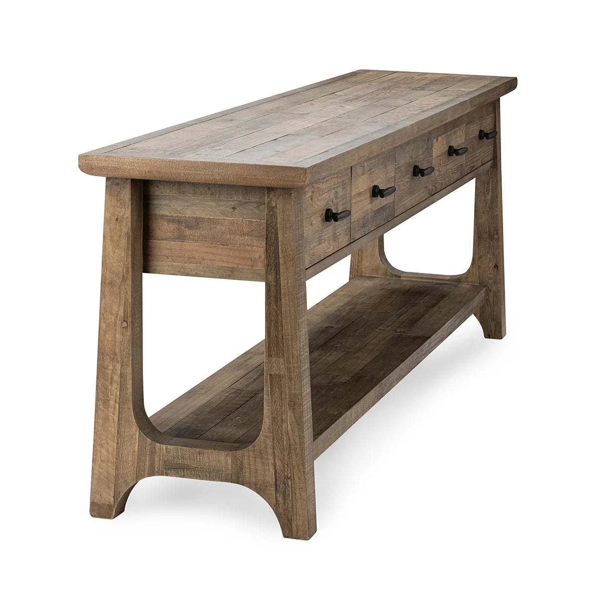 Talladega reclaimed pine console table featuring a weathered finish, four storage drawers, and an open lower shelf.