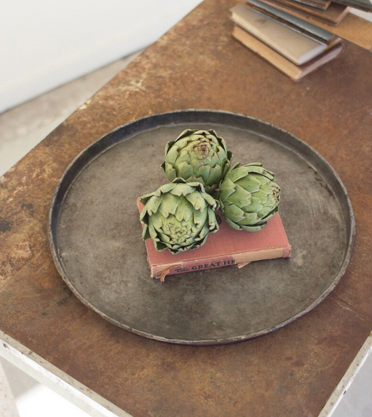 Rustic round galvanized metal tray crafted from repurposed materials.