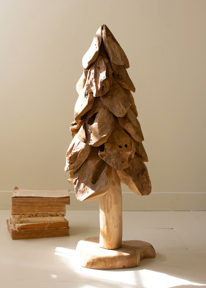 Large decorative Christmas tree handcrafted from natural teak wood with rustic character.
