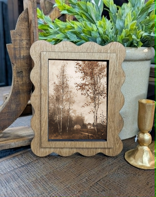 Scallop Antique Cottage Framed Canvas Art featuring a handcrafted scalloped wood frame with an Early American finish and premium matte canvas artwork.