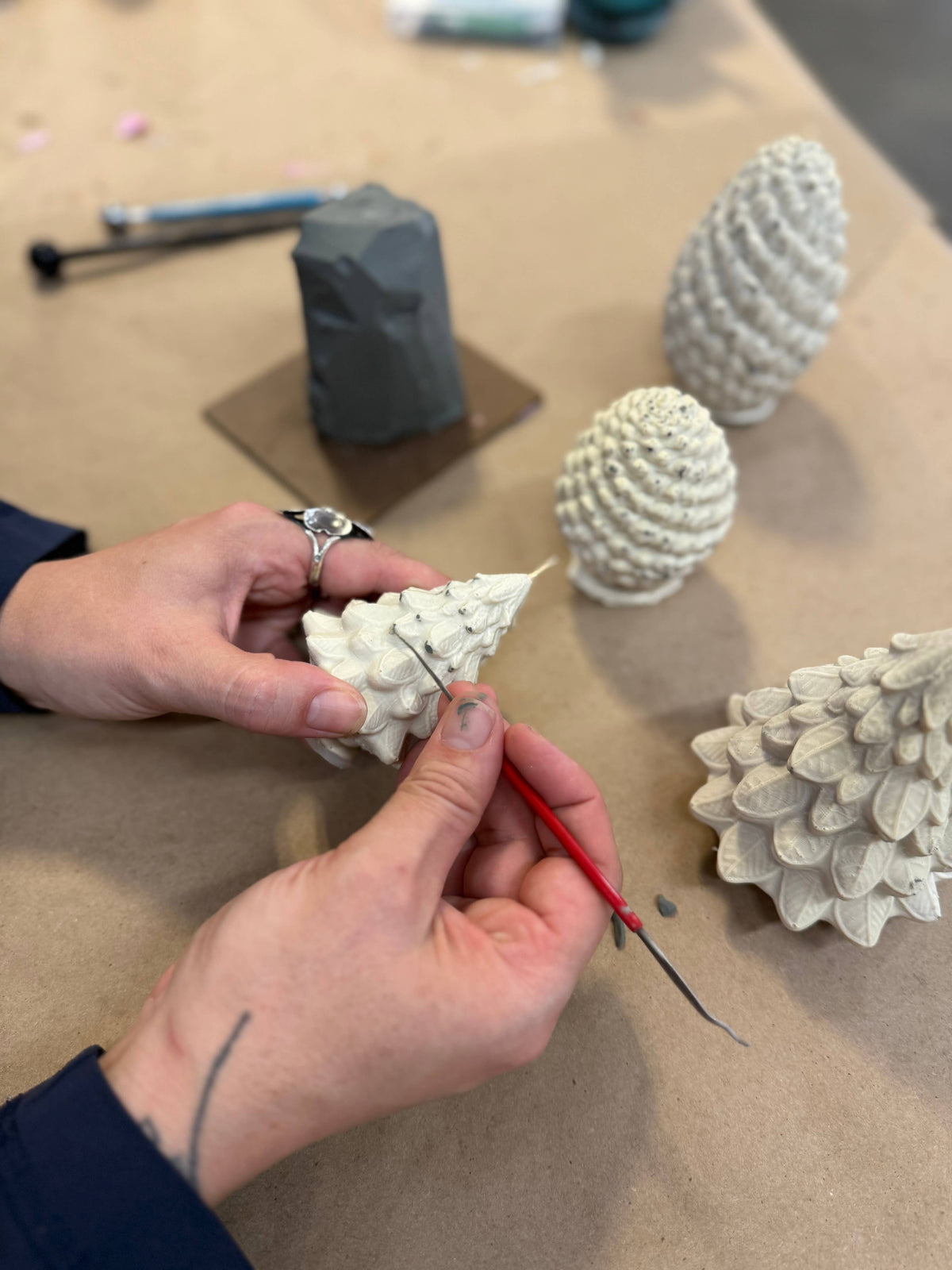 Sculpted Beeswax Tree Candle with intricate Christmas tree detailing inspired by vintage ornaments.