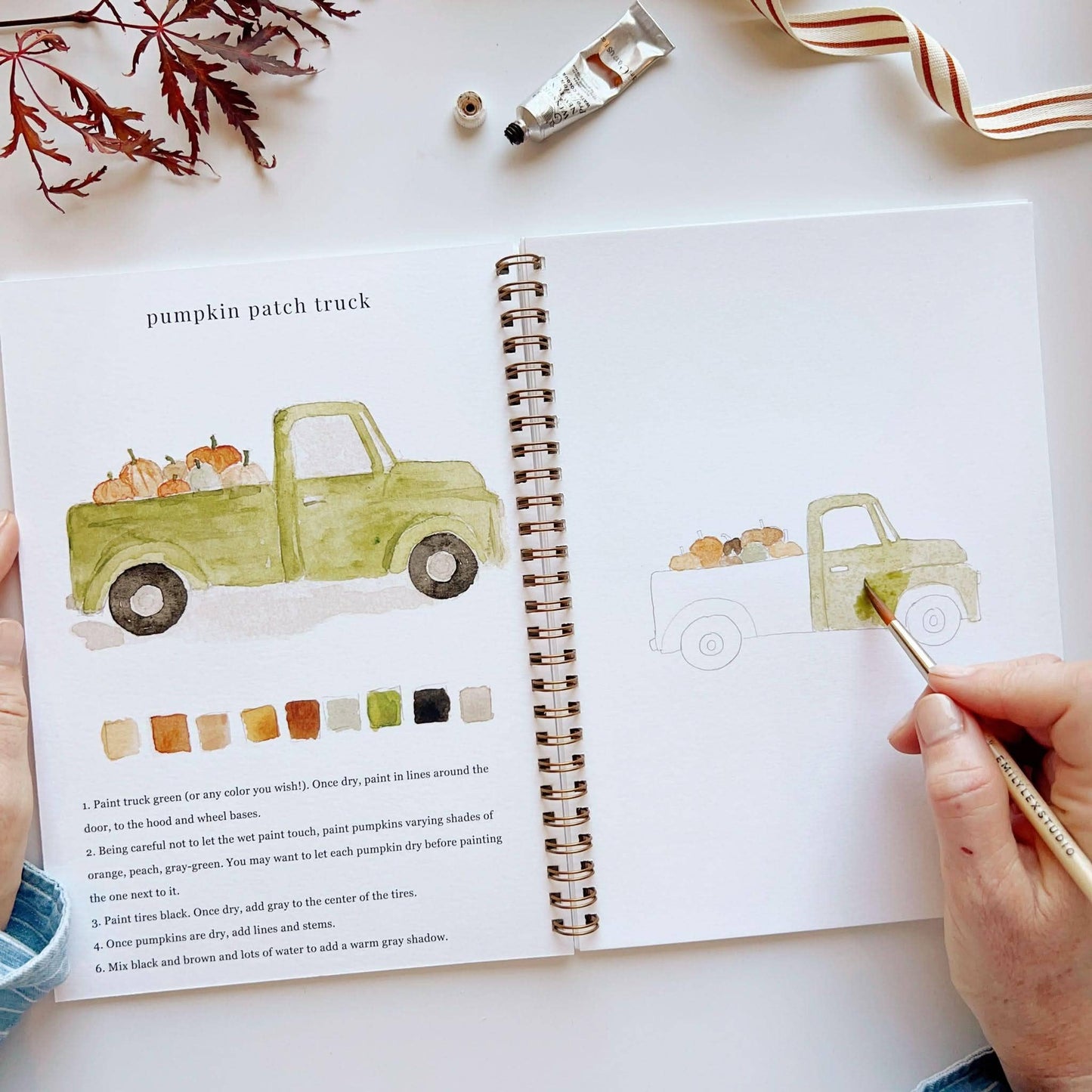 Autumn Watercolor Workbook by Emily Lex featuring twelve guided watercolor projects inspired by the beauty of fall.