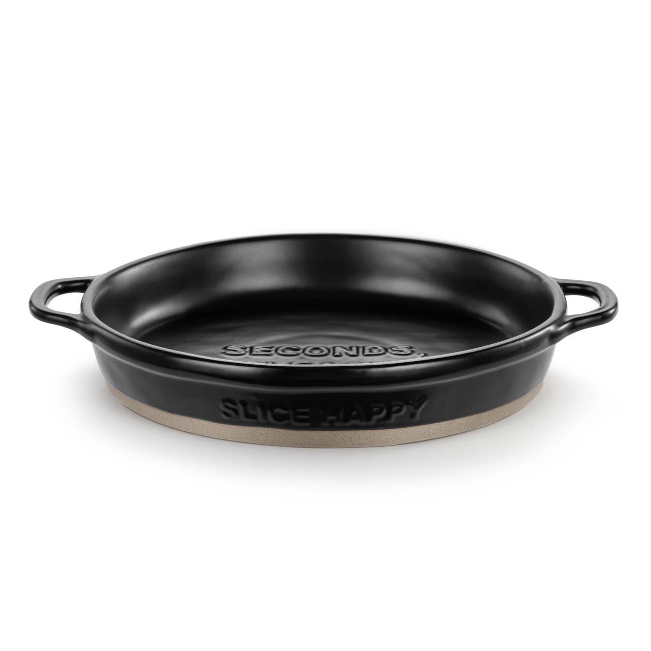 Black pie dish with “seconds, please!” sentiment