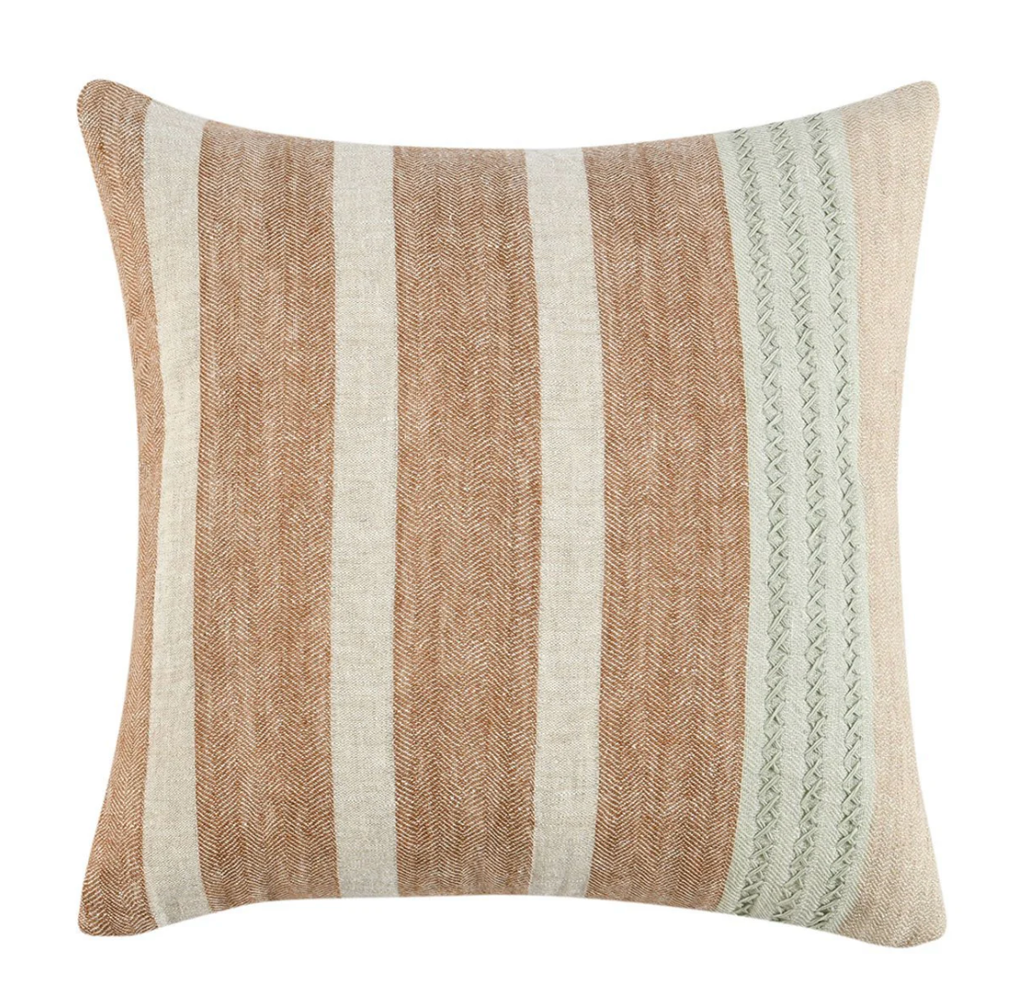 Striped pillow with brown, beige, and green pattern on a white background