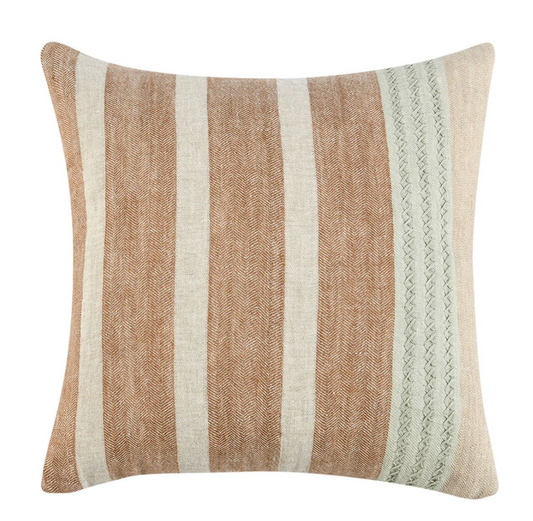 Striped pillow with brown, beige, and green pattern on a white background