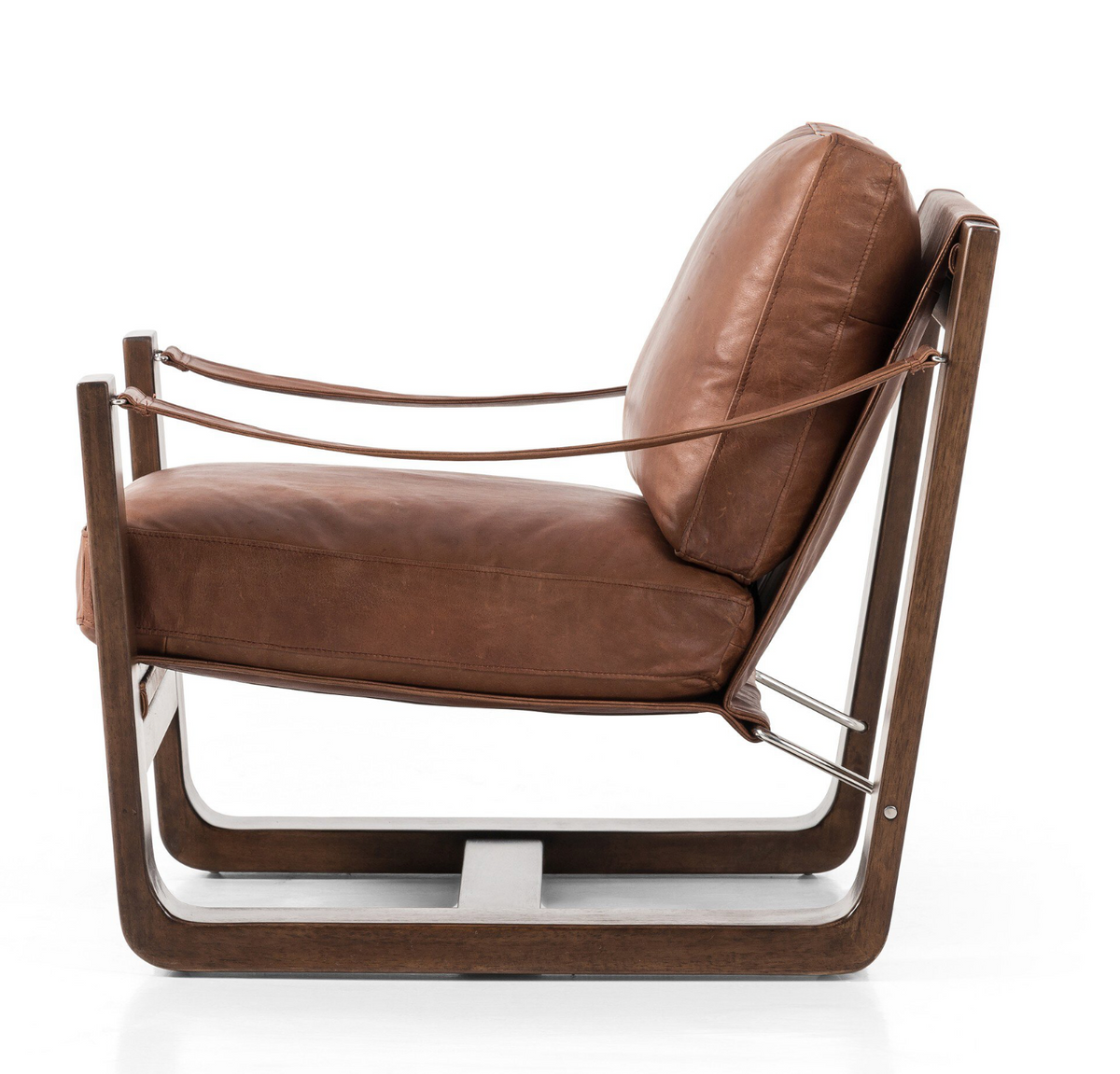 Side view of the Sierra Leather Sling Chair showing its curved solid parawood frame and leather sling construction.