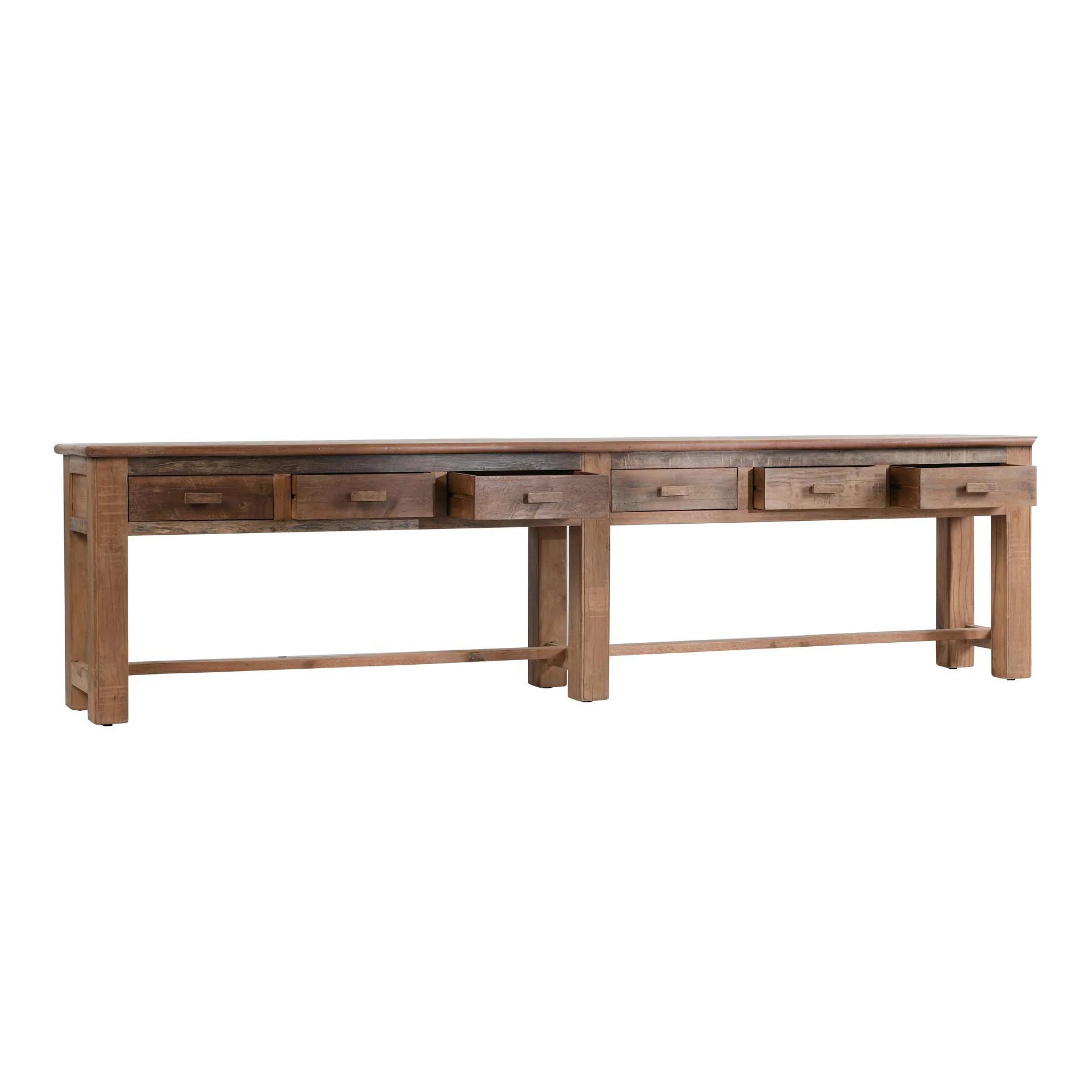 Ezra reclaimed wood console table featuring six spacious drawers, a natural finish, and timeless artisan craftsmanship.