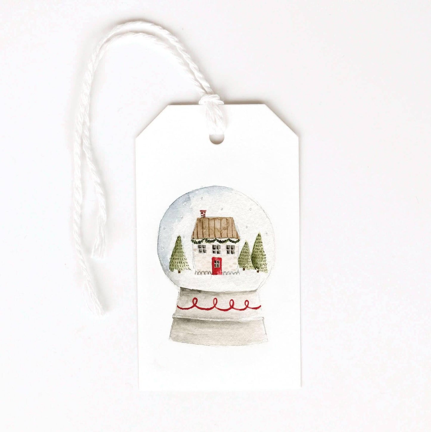 Snow Globe Christmas Gift Tags by Emily Lex featuring original watercolor snow globe artwork with coordinating string for holiday gift wrapping.