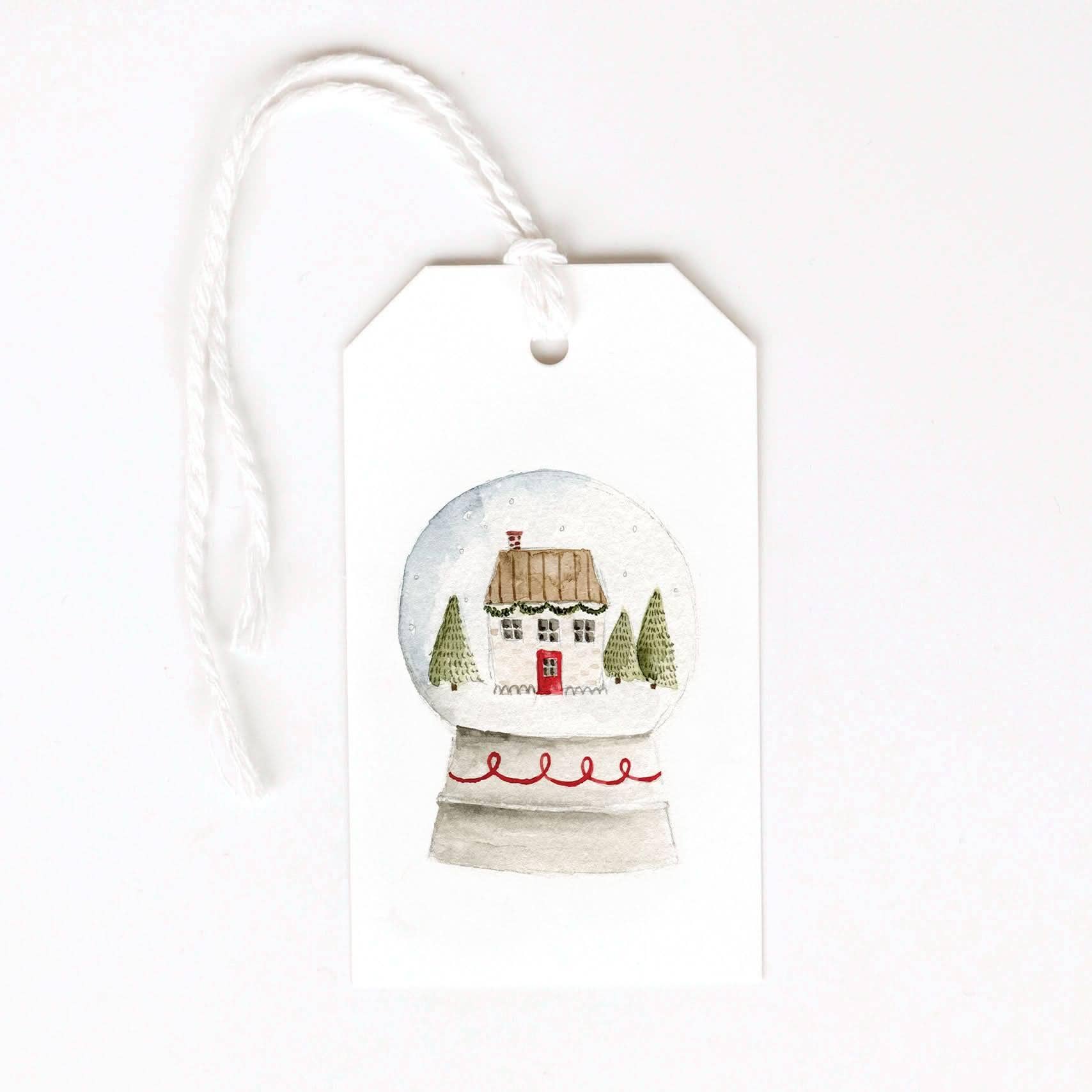 Snow Globe Christmas Gift Tags by Emily Lex featuring original watercolor snow globe artwork with coordinating string for holiday gift wrapping.