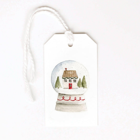 Snow Globe Christmas Gift Tags by Emily Lex featuring original watercolor snow globe artwork with coordinating string for holiday gift wrapping.