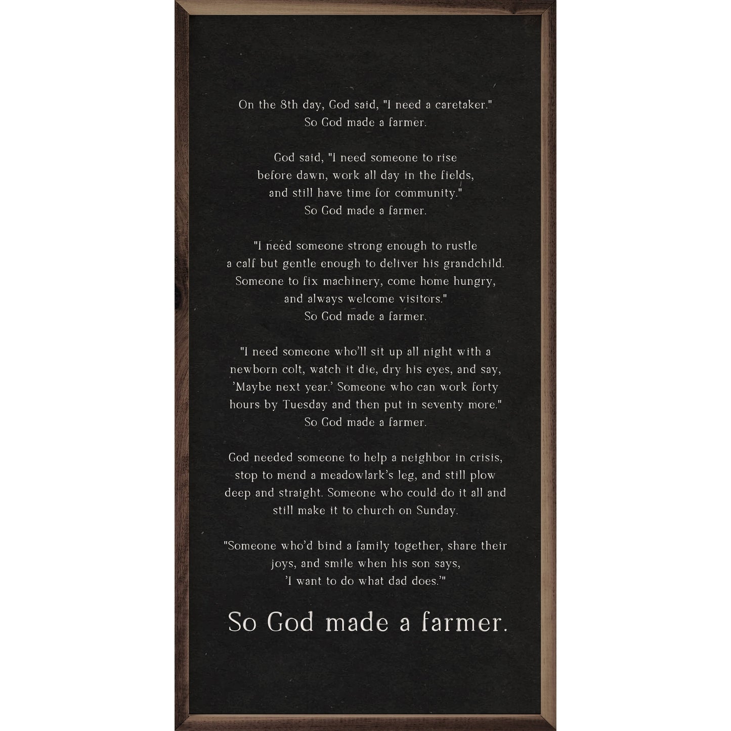 So God Made a Farmer Speech framed wood wall art with a black background and rich natural walnut frame.