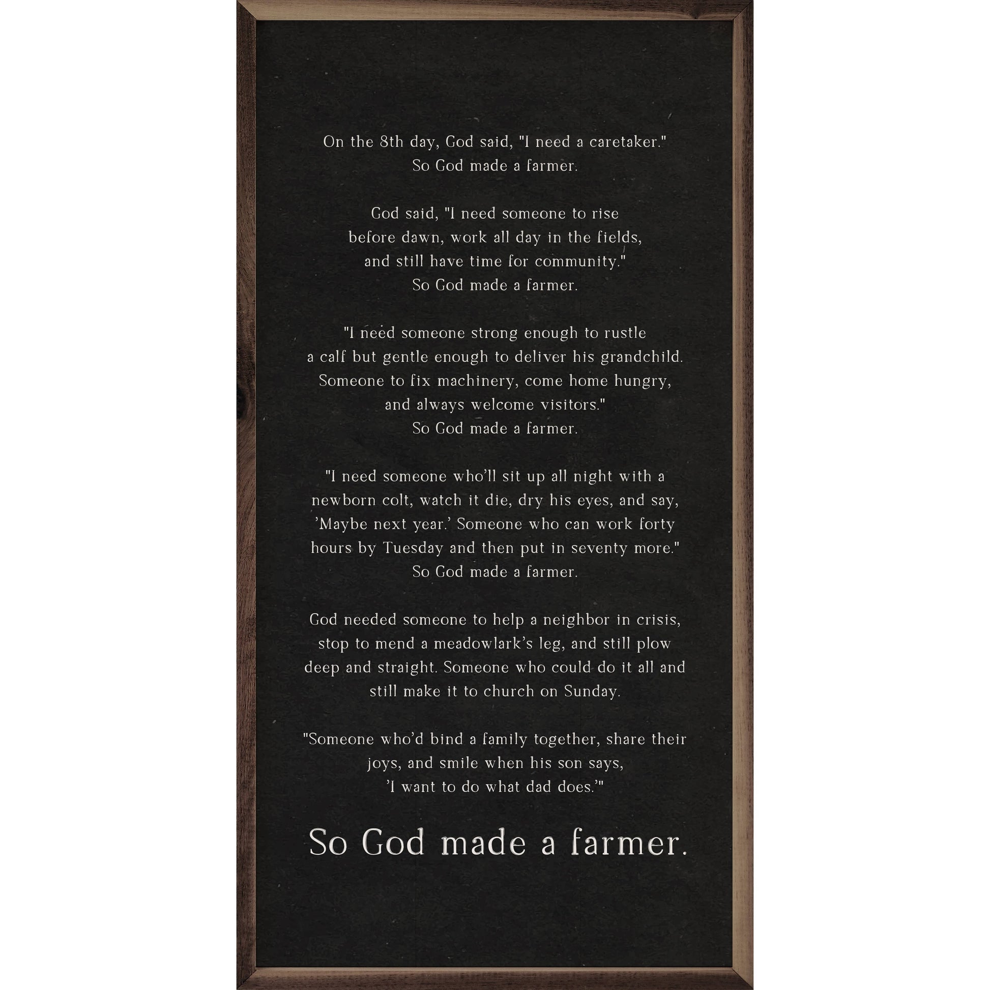 So God Made a Farmer Speech framed wood wall art with a black background and rich natural walnut frame.