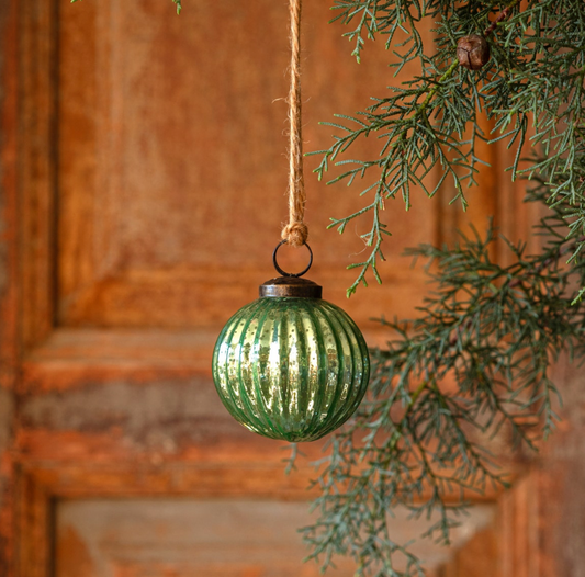 Spruce green mercury glass ball ornament with an antiqued reflective finish, measuring 3 inches in diameter.