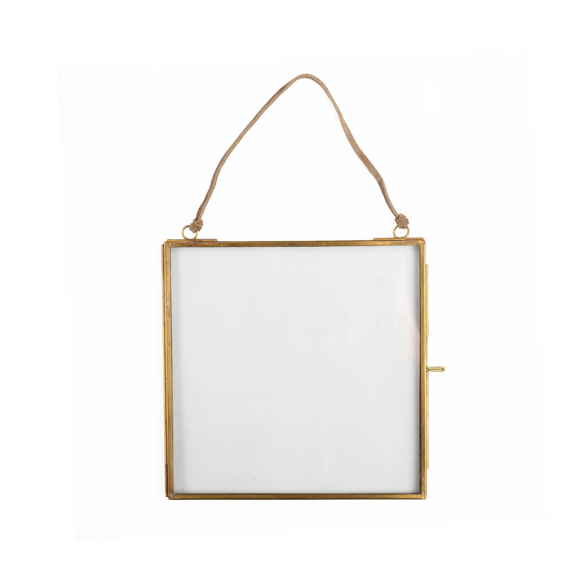 Square brass hanging picture frame measuring 7 by 7 inches with a brown suede hanging strap.