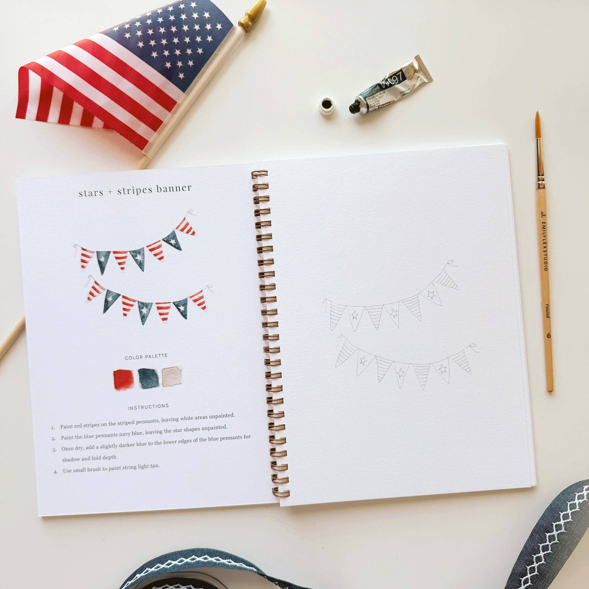 Beginner-friendly watercolor workbook featuring patriotic artwork and guided instruction.