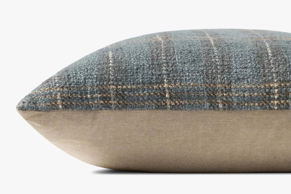 Close-up of the Stockton Blue pillow showcasing the woven plaid texture, hidden zipper with antique bronze Loloi logo pull, and tailored craftsmanship.