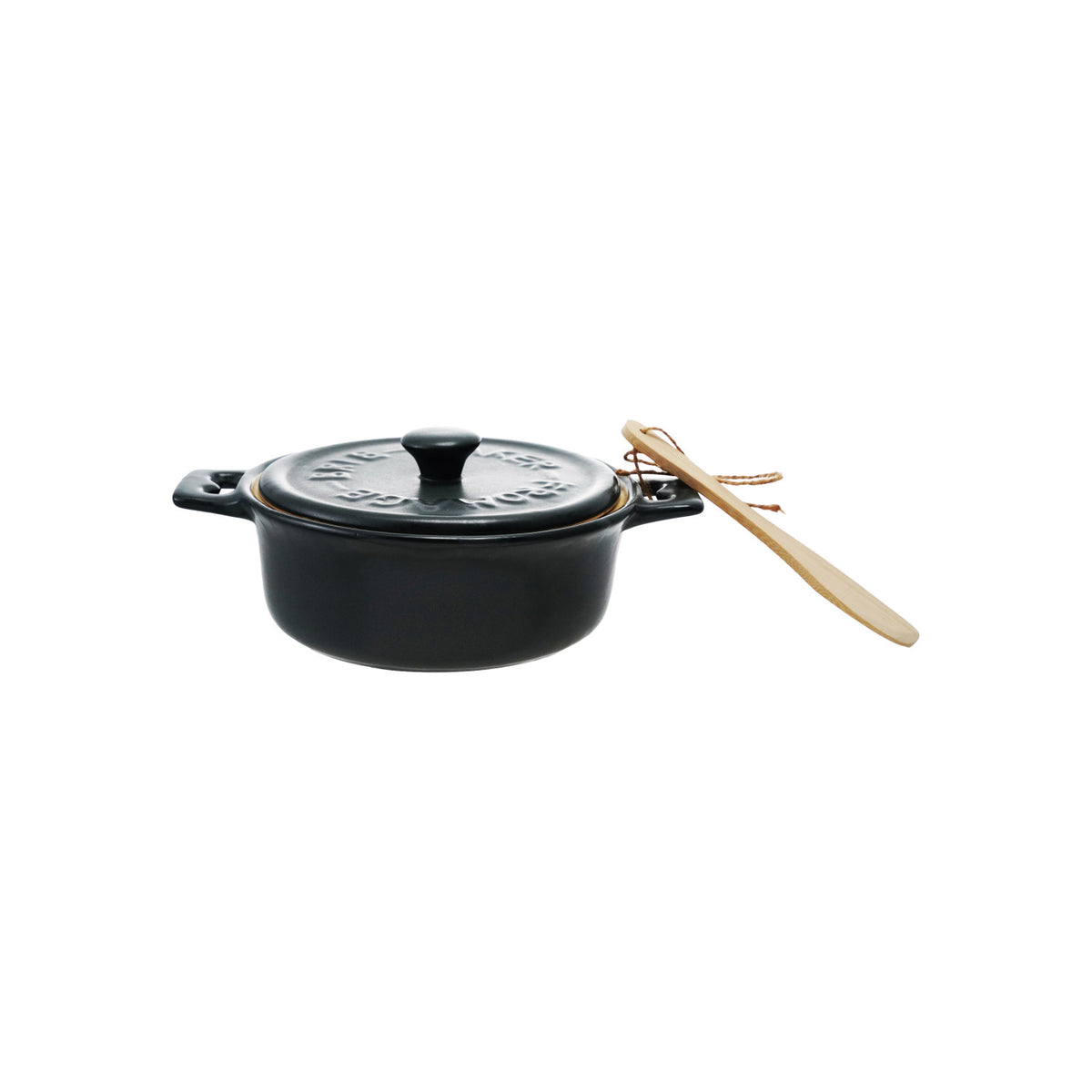 Espresso brown stoneware brie baker with a matte reactive glaze and bamboo serving spreader.