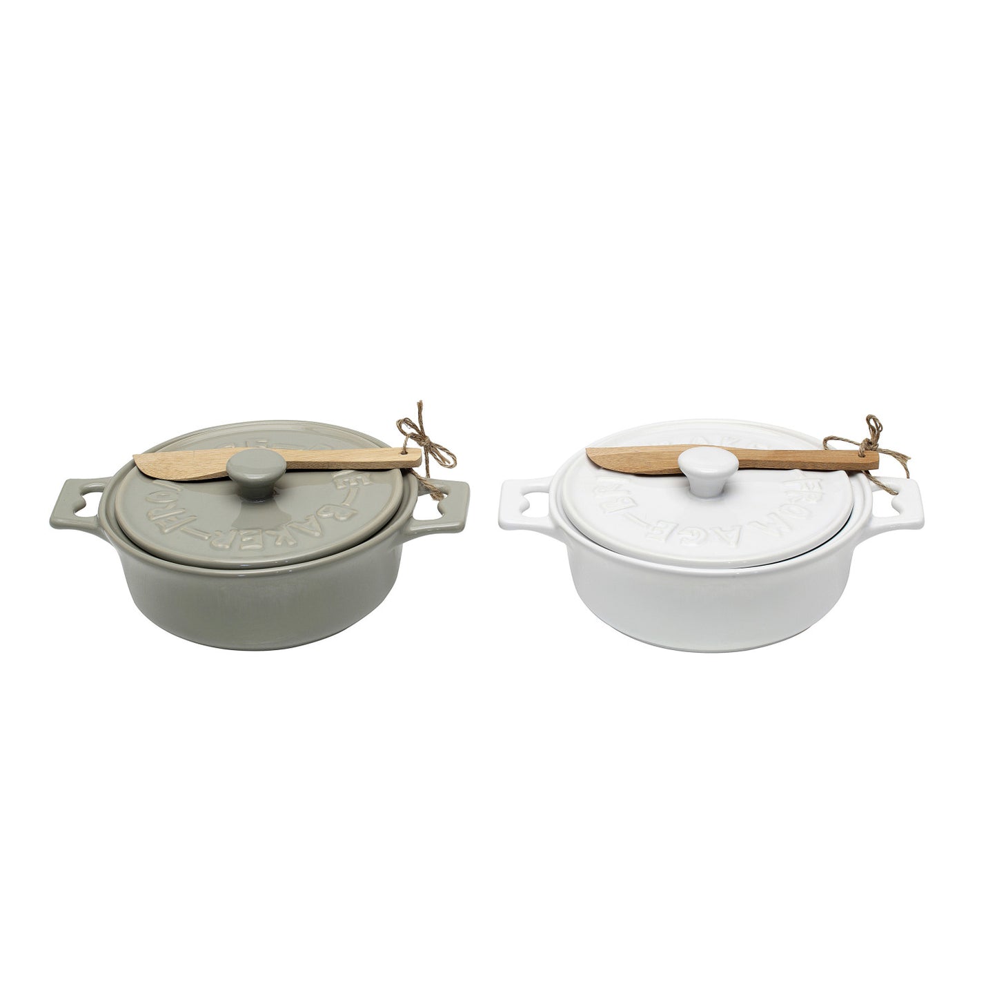 Stoneware brie baker with wooden spreader designed for baking and serving warm brie.