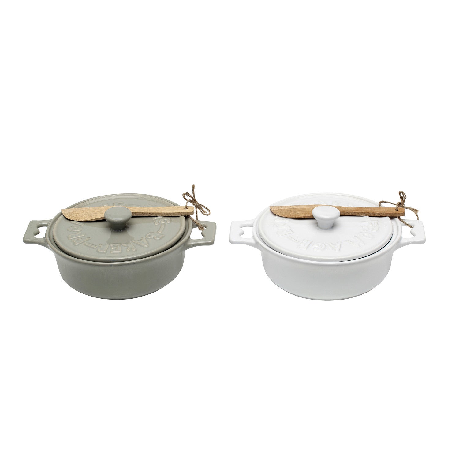 Stoneware brie baker with wooden spreader designed for baking and serving warm brie.