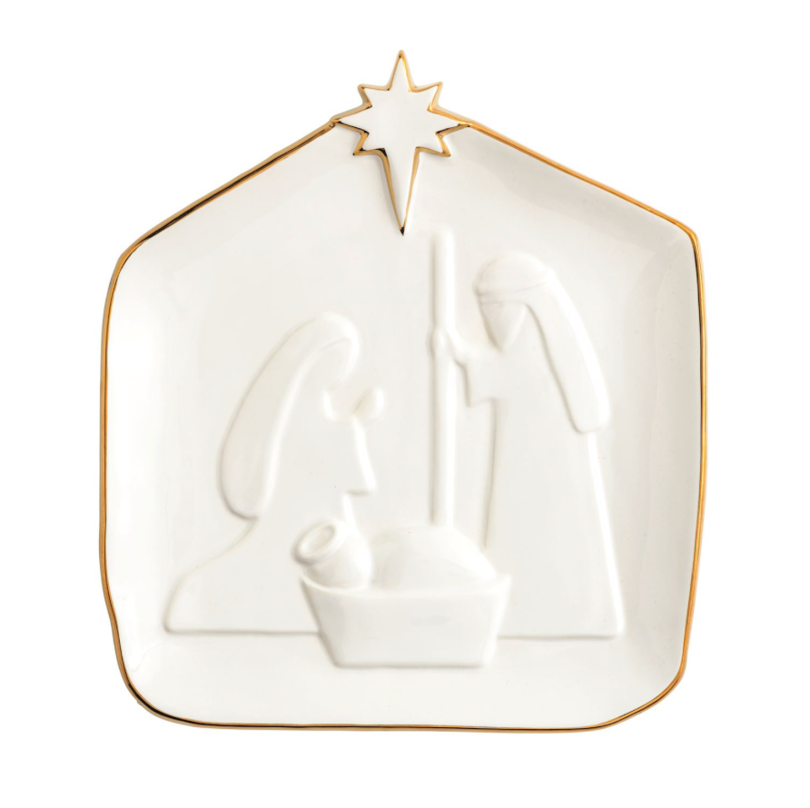 Sculpted Nativity design on a white stoneware platter with elegant gold edging.