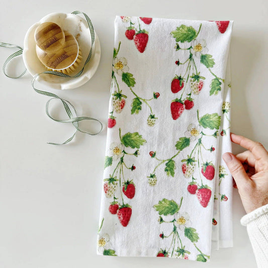 Strawberry Cotton Flour Sack Tea Towel featuring original watercolor artwork by Emily Lex.