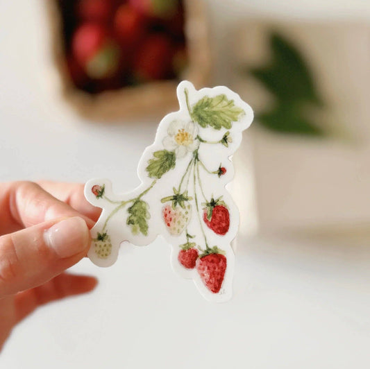 Strawberry vinyl sticker featuring original watercolor artwork by Emily Lex.