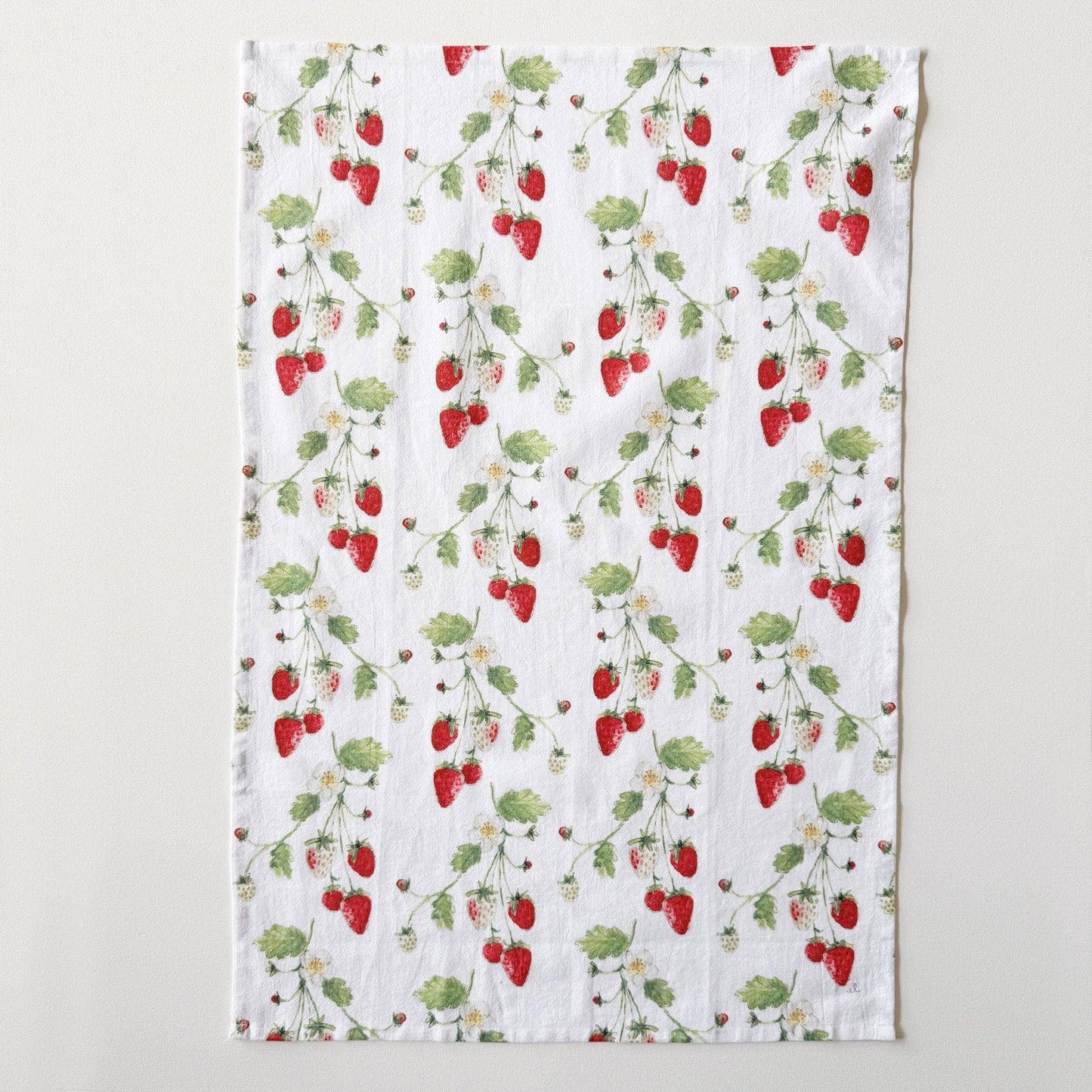 Strawberry Cotton Flour Sack Tea Towel featuring original watercolor artwork by Emily Lex.