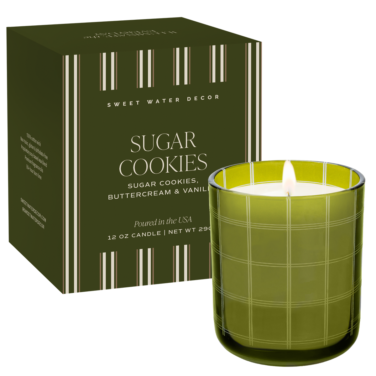 Front view of Sugar Cookies scented candle featuring an olive green glass jar with a classic plaid design.