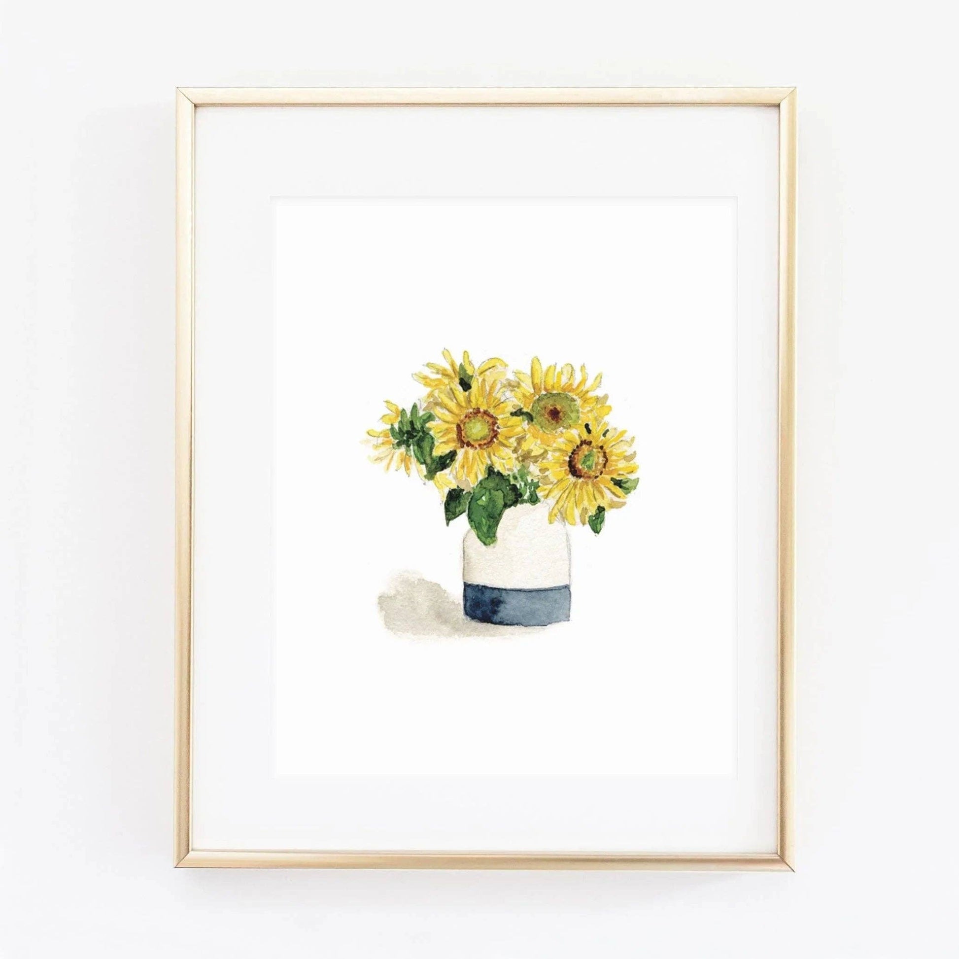 Sunflowers Watercolor Art Print by Emily Lex featuring an original botanical watercolor illustration of bright yellow sunflowers.