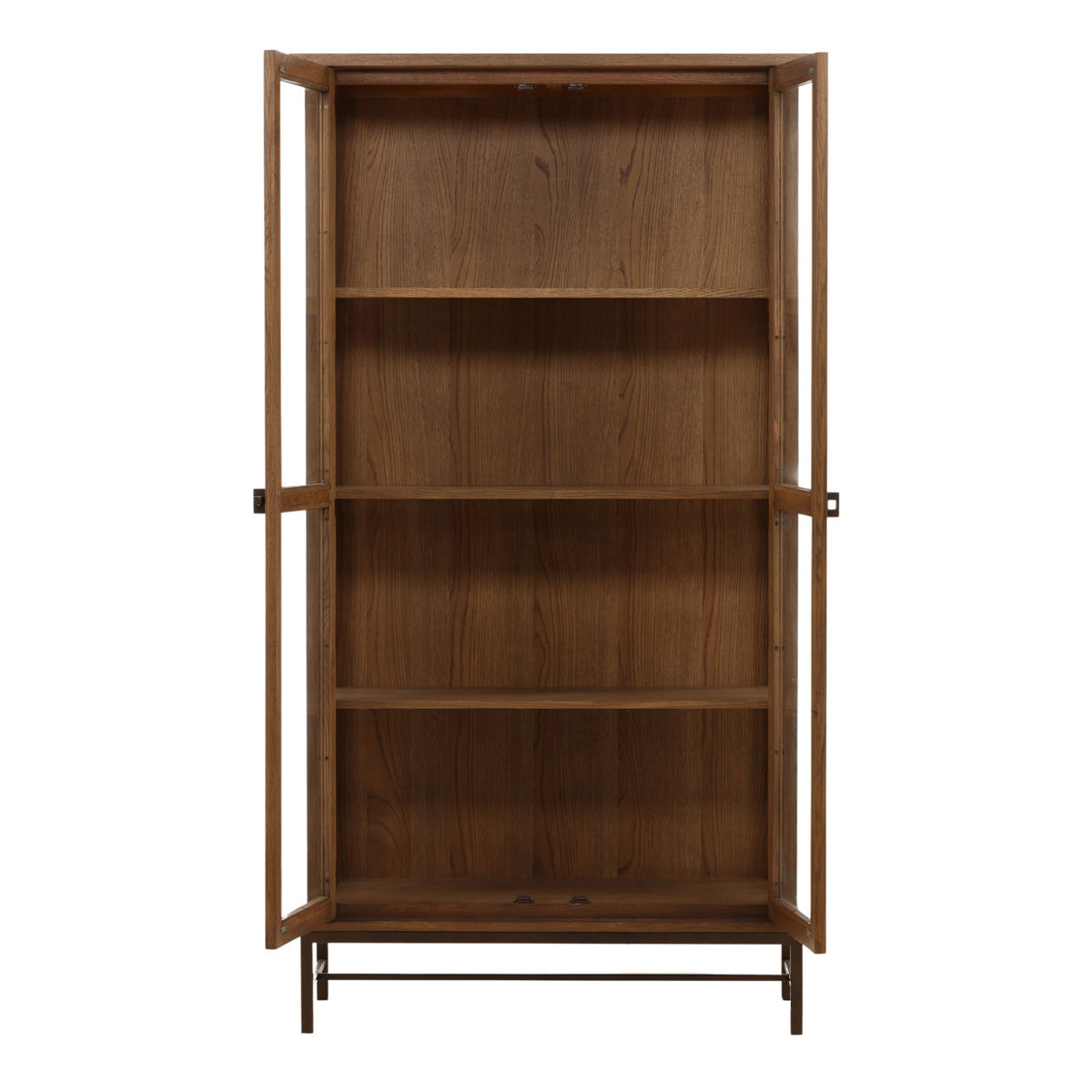Hawthorne tall oak display cabinet in dark brown with glass-paneled doors and sides and a bronze-finished iron base.