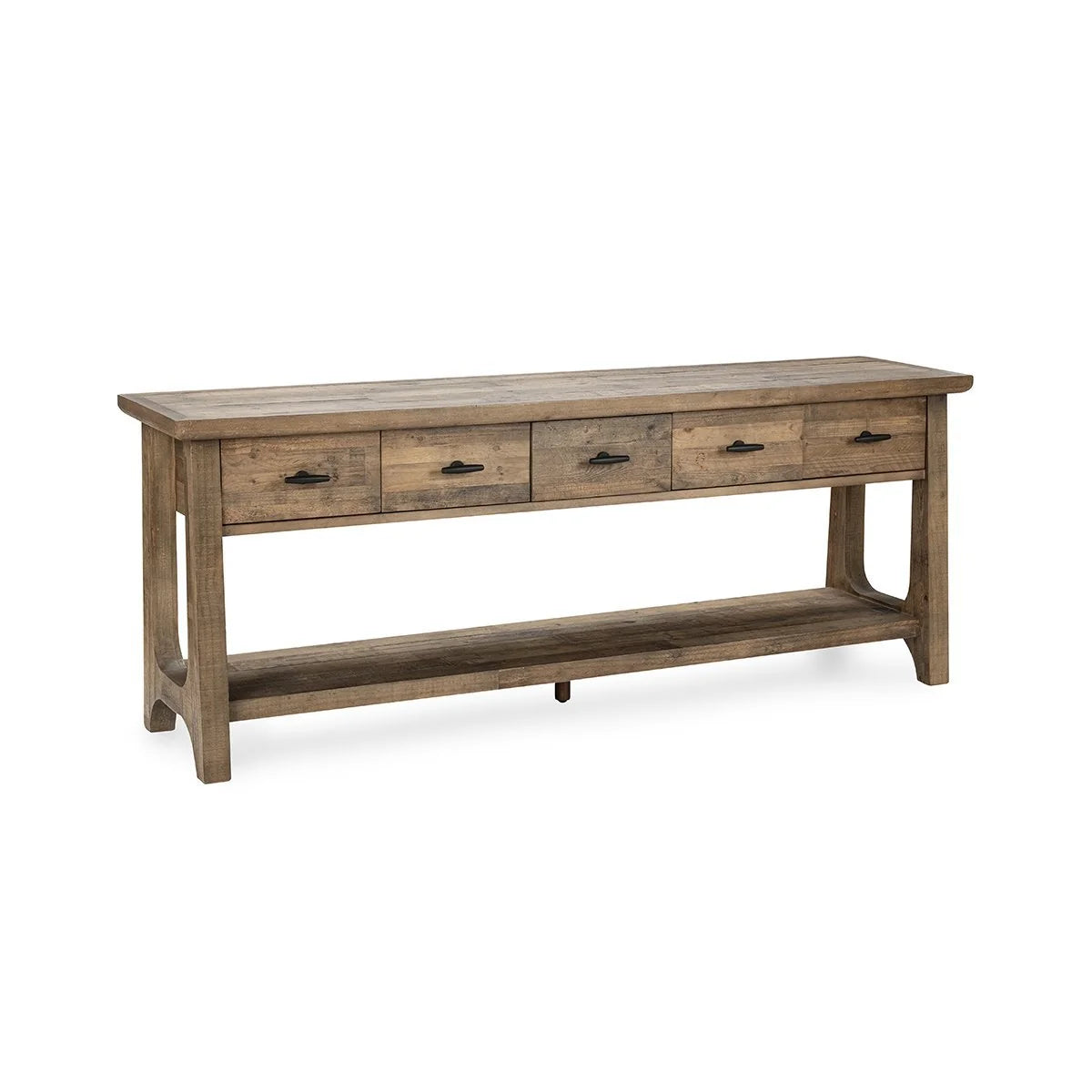 Talladega reclaimed pine console table featuring a weathered finish, four storage drawers, and an open lower shelf.