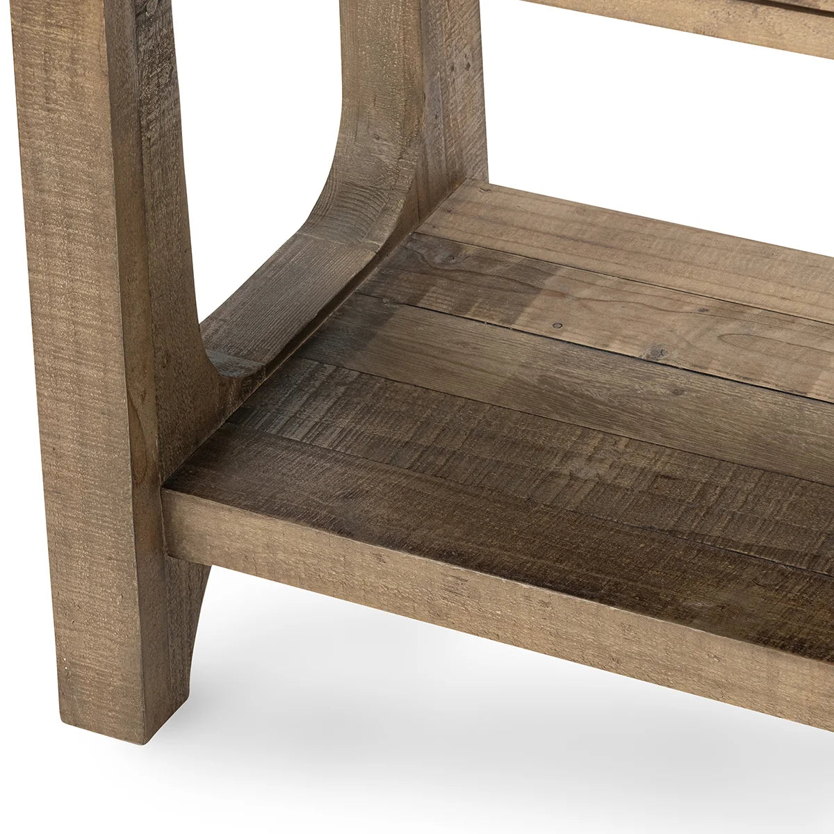 Close-up of the Talladega console table highlighting the reclaimed pine wood grain, weathered finish, and artisan craftsmanship.