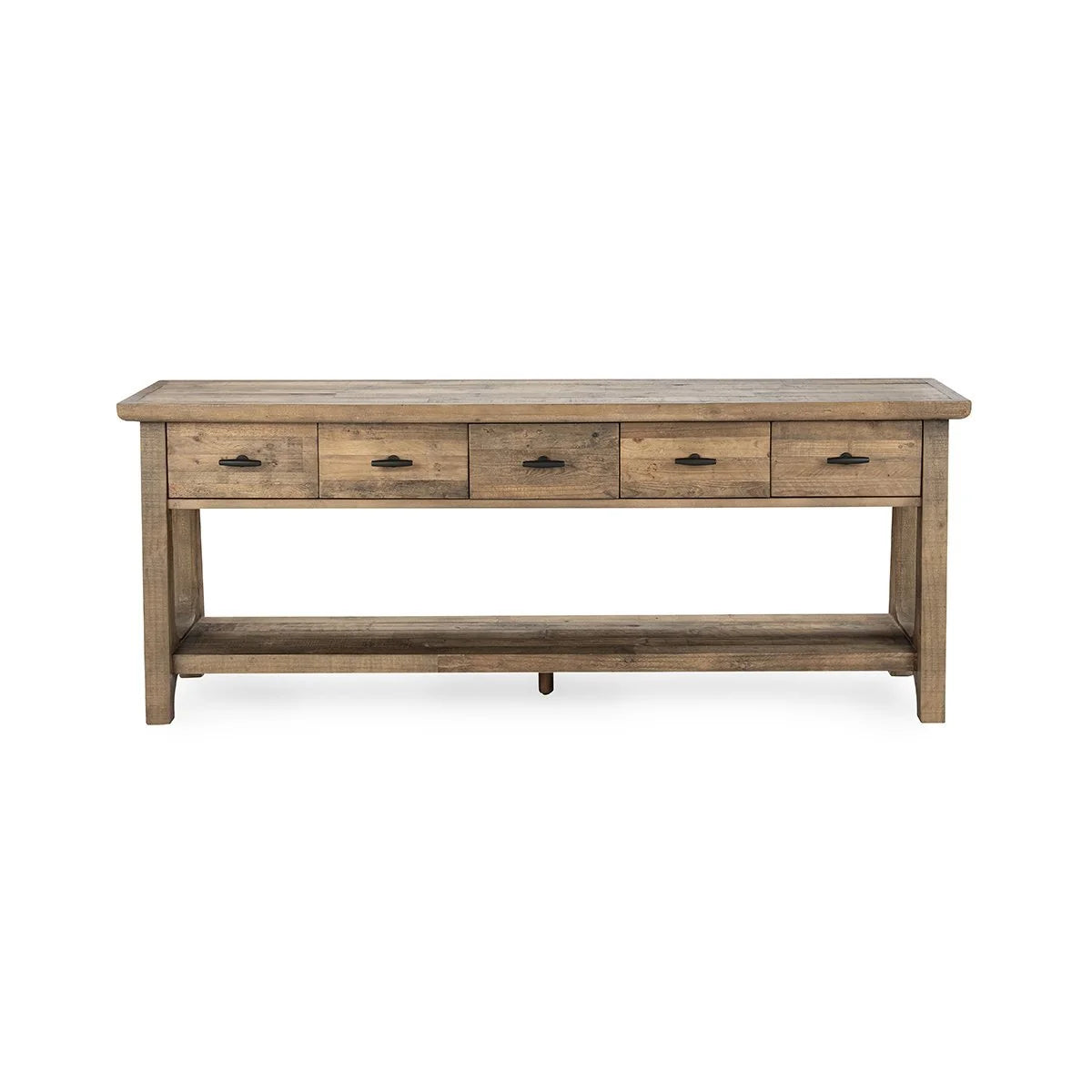 Talladega reclaimed pine console table featuring a weathered finish, four storage drawers, and an open lower shelf.