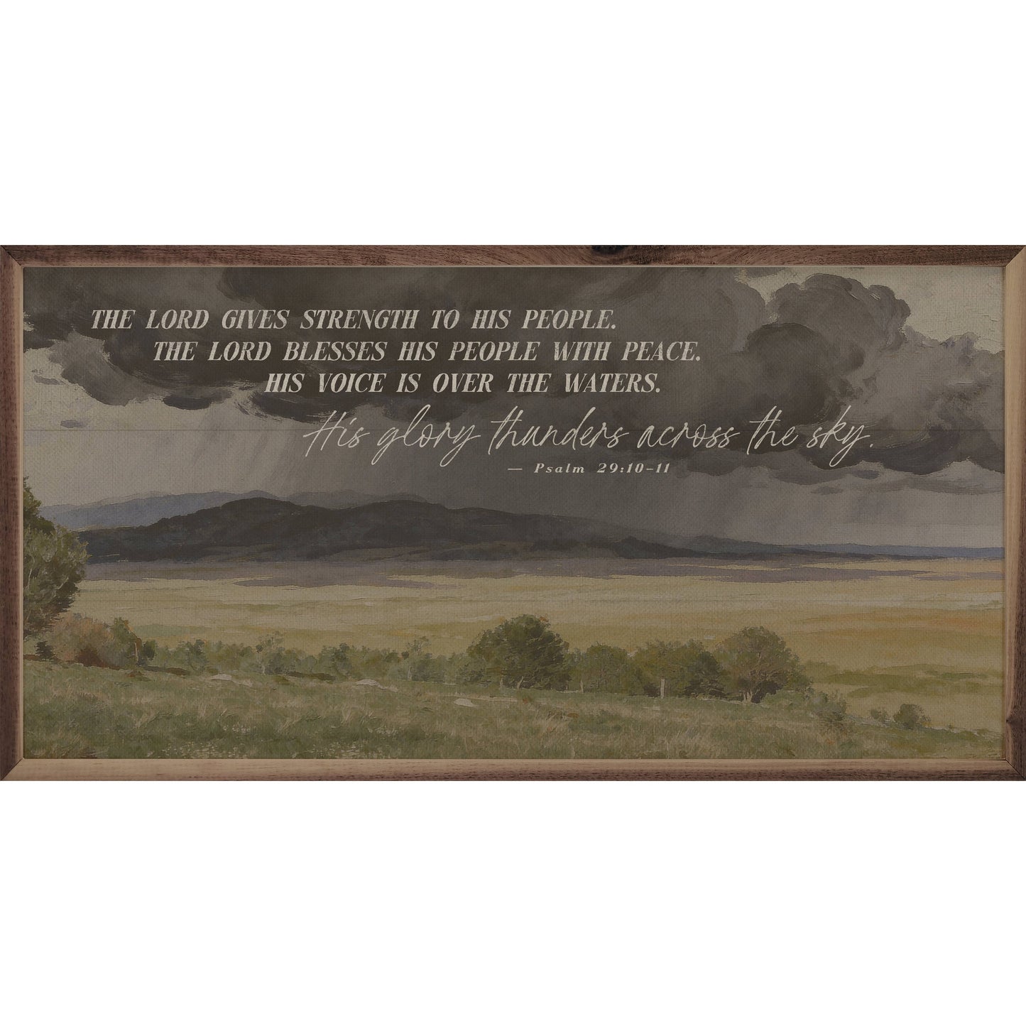 The Lord Gives Strength framed wood wall art from the Kendrick Home Faith Collection featuring a timeless faith declaration on natural wood.