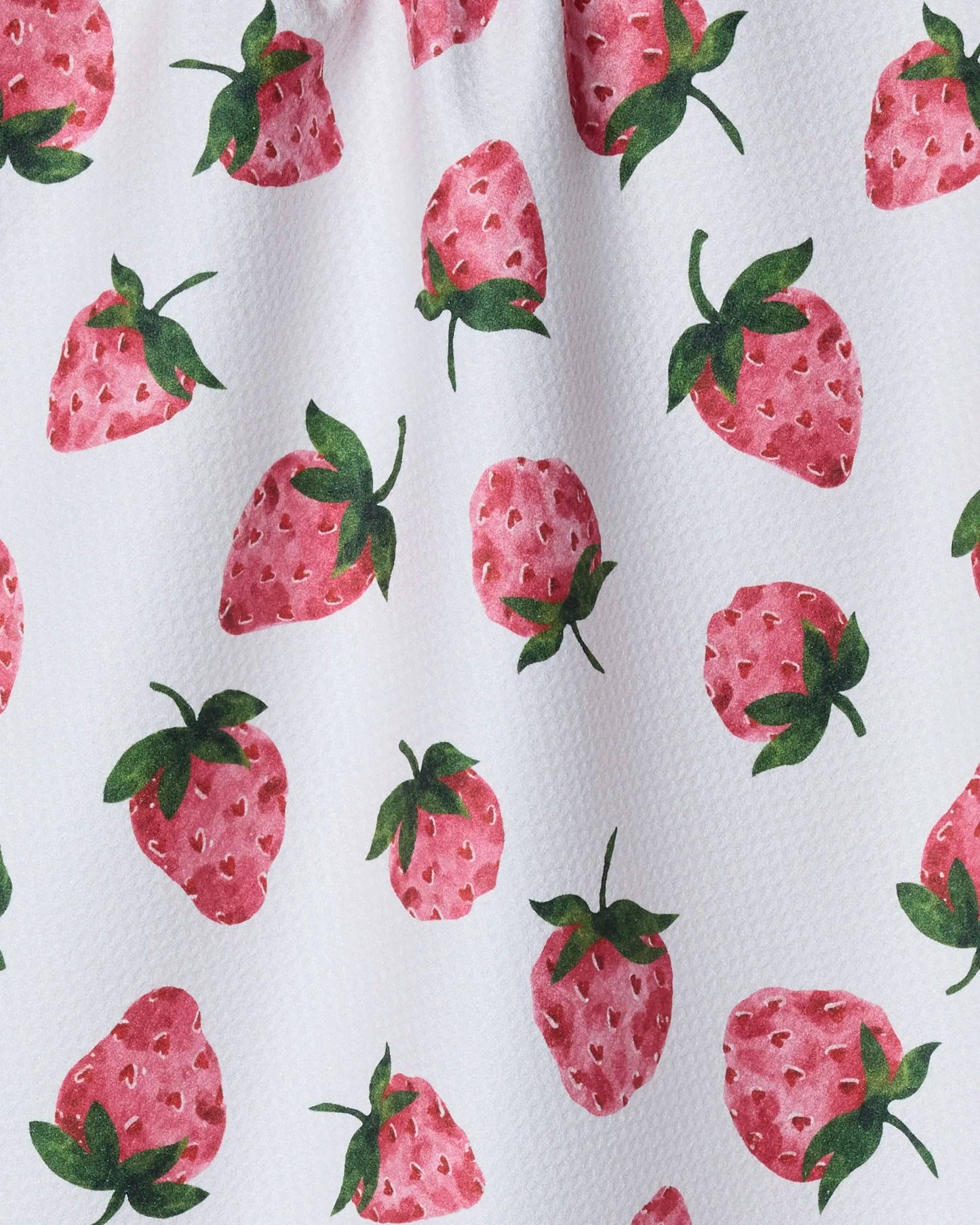 Pattern of pink strawberries with green leaves on a white background