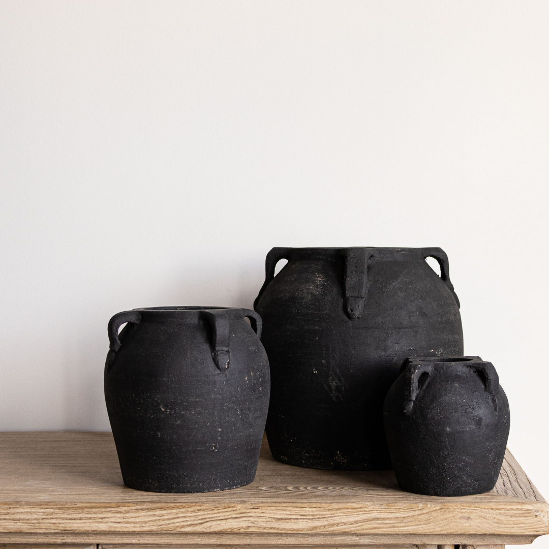 Noir Black Wash Terracotta Vase with Handles