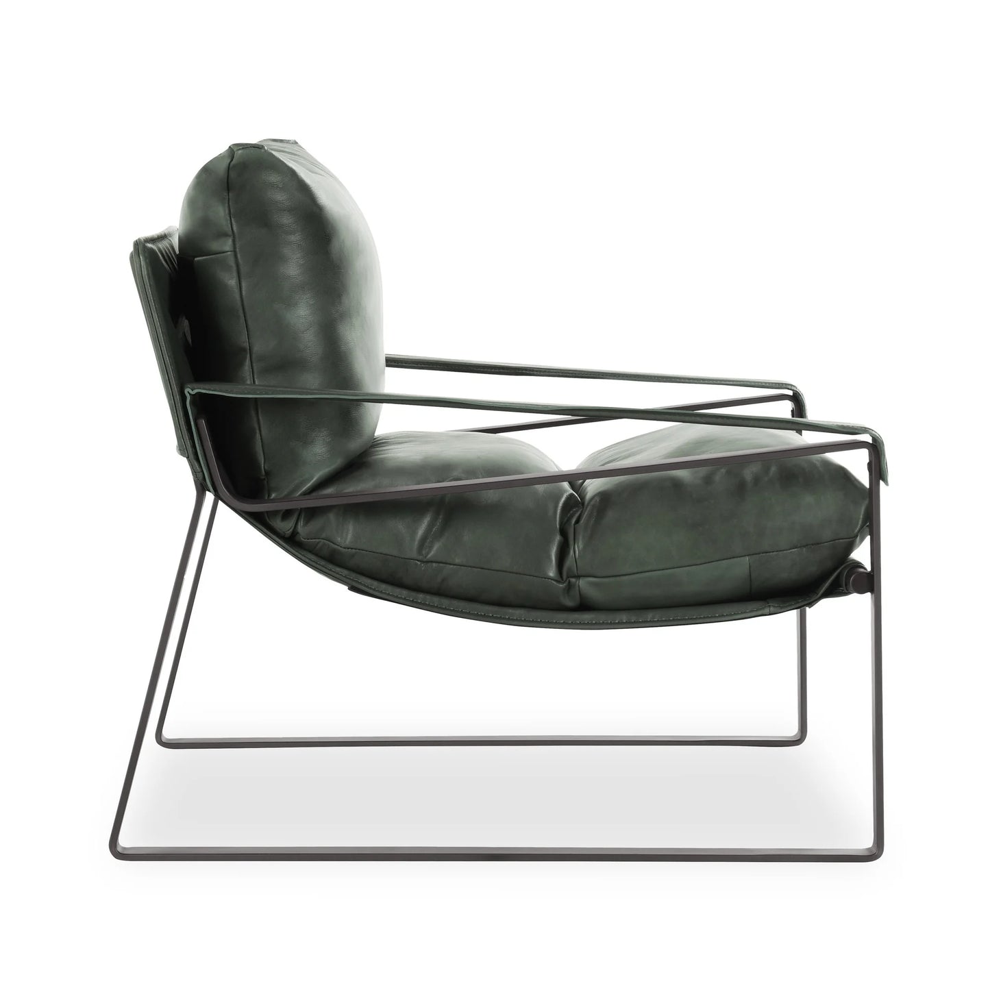 Morgan Leather Accent Chair upholstered in premium top-grain leather in Forest Green with leather-wrapped arms and slender black iron legs.