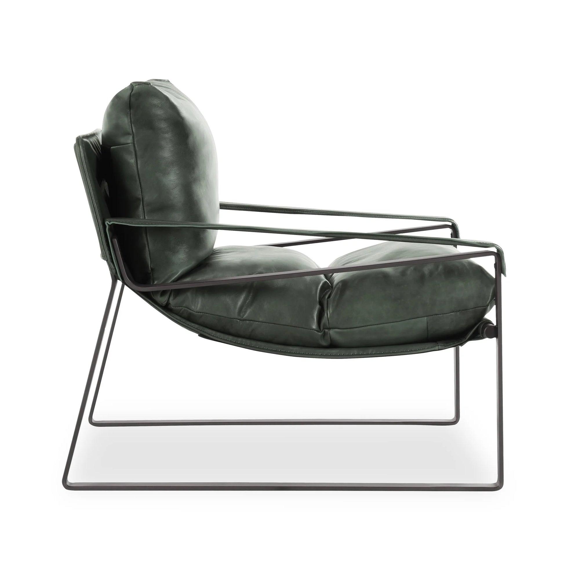 Morgan Leather Accent Chair upholstered in premium top-grain leather in Forest Green with leather-wrapped arms and slender black iron legs.