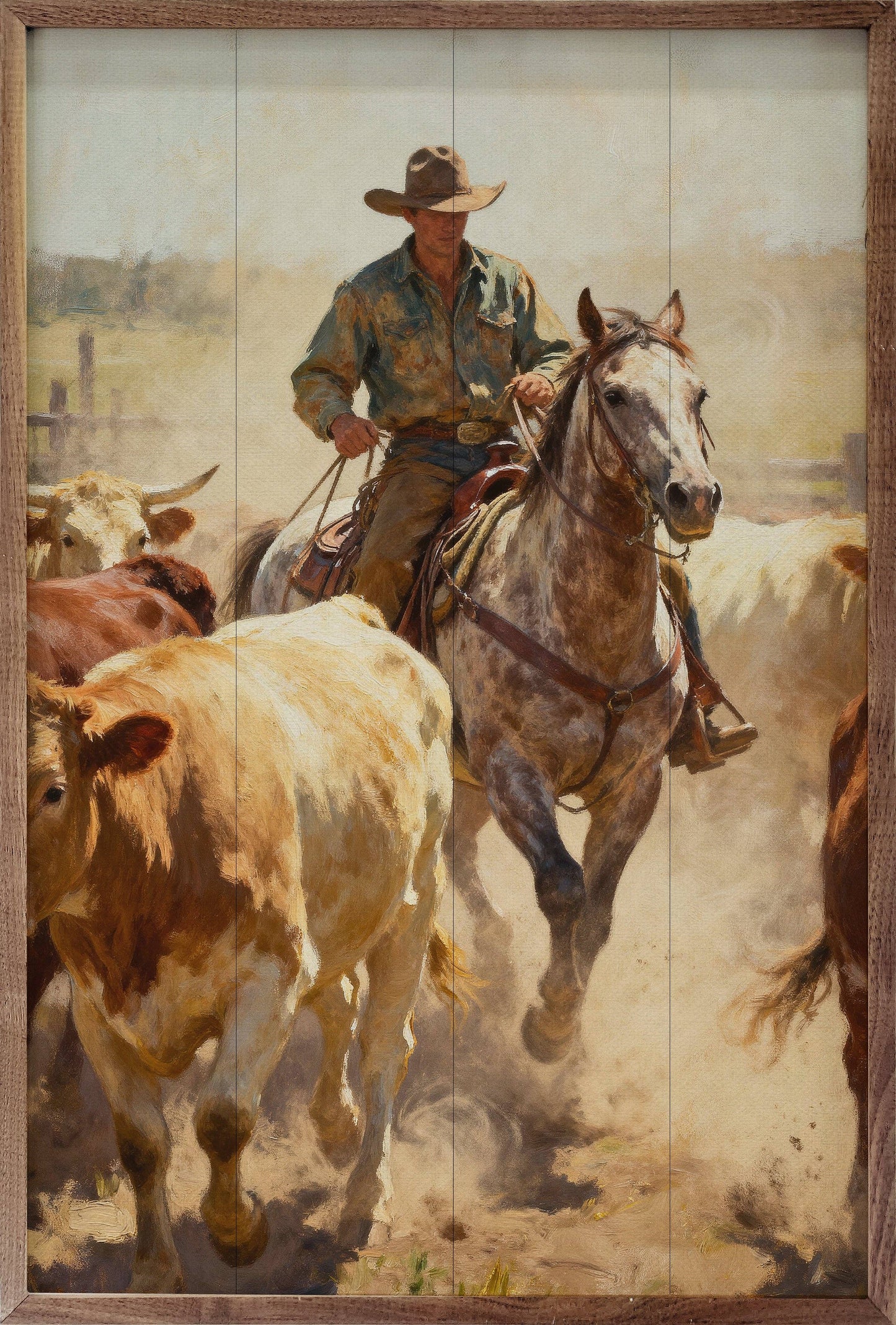 Trail Rider Framed Wood Wall Art featuring a cowboy riding the open trail on a solid wood panel framed in rich natural walnut.