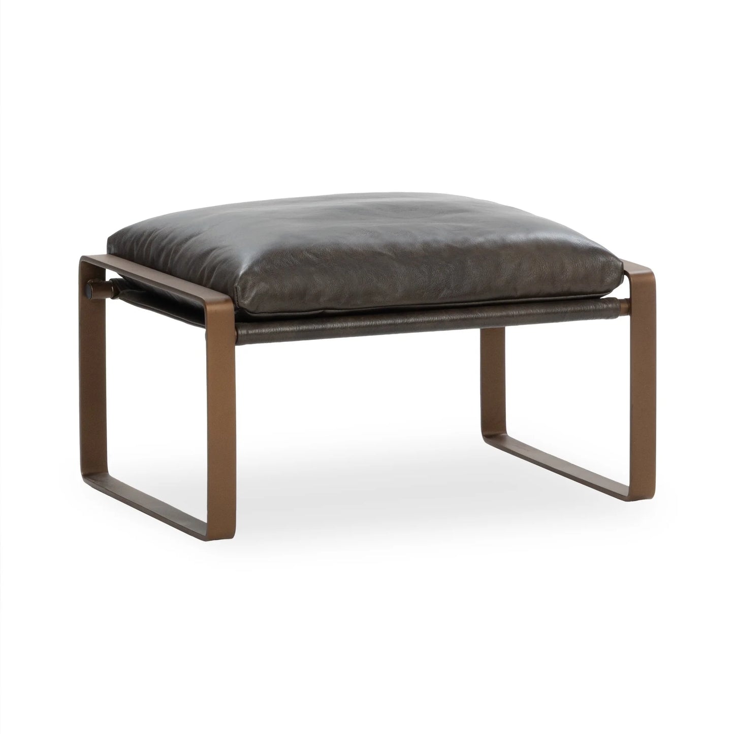 Morgan Leather Ottoman in Truffle Brown featuring premium top grain leather upholstery and a sleek black iron frame.