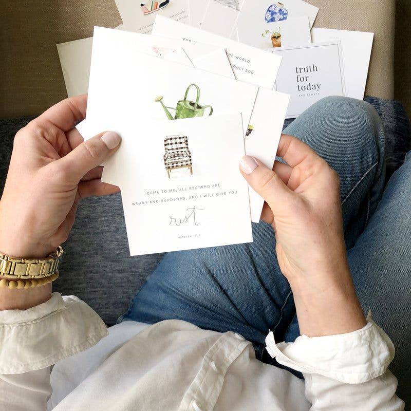 Truth for Today Scripture Card Set by Emily Lex featuring 31 watercolor-illustrated Bible verse cards printed on premium cotton eggshell textured paper.